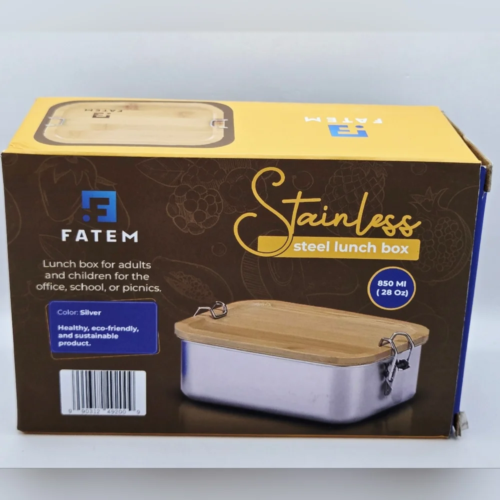 FATEM Stainless Steel Lunch Box with Bamboo Lid - Silver and Natural Wood - Picture 2 of 8